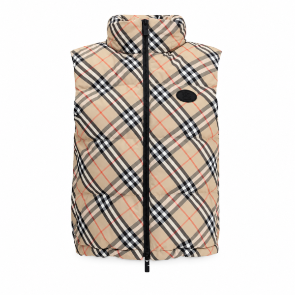 Burberry karierte Daunenweste in Beige mit schwarzem Reißverschluss – Vorderansicht
