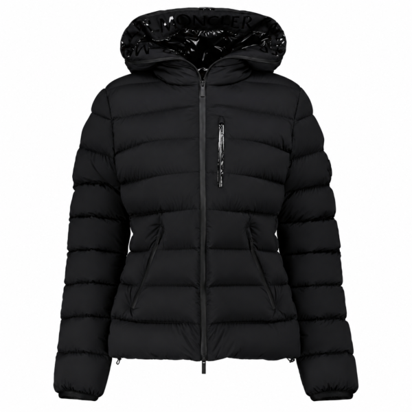 Schwarze Moncler Bufonie Daunenjacke mit Kapuze – Vorderansicht